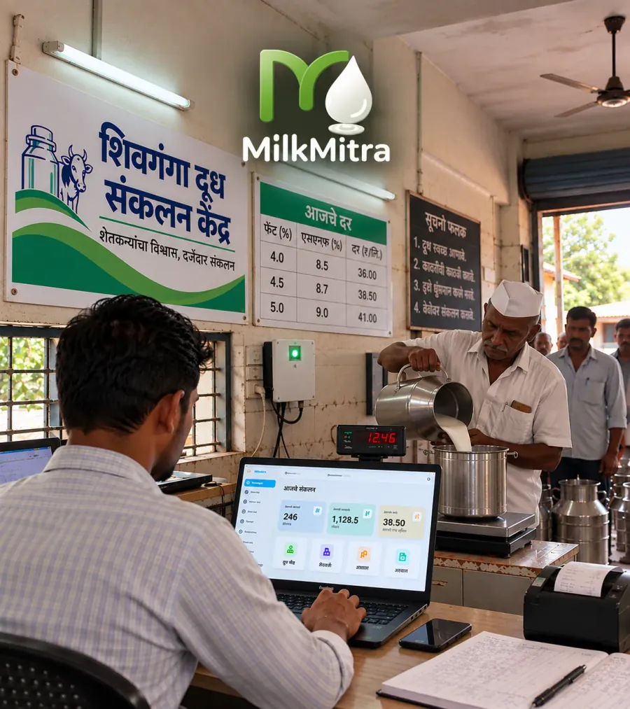 A milk collection centre using MilkMitra: the operator records milk on a laptop while a farmer pours milk onto the scale